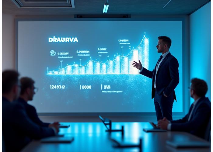 Illustration d'un entrepreneur simulant un pitch devant des investisseurs, avec des graphiques et des icônes de succès.