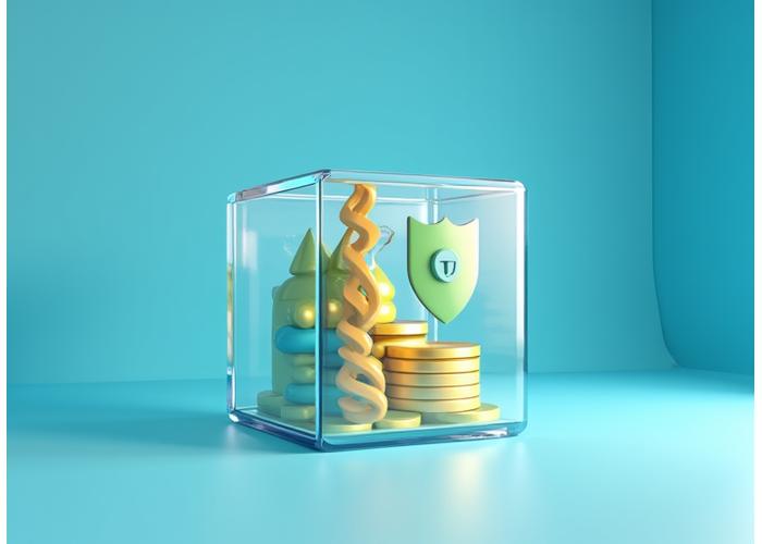 Illustration d'un concept clé avec des symboles de brevet, de marque déposée et de valeur financière, entourés d'une lumière éclatante.