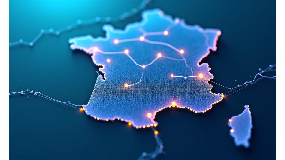 Illustration d'une carte interactive de financements verts avec des points lumineux, symbolisant les différentes zones d'aides possibles, principalement en Île-de-France.