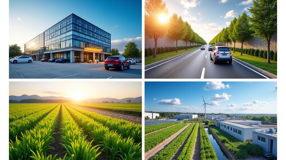 Collage de photos symbolisant la réussite de projets durables: panneaux solaires sur un toit d'entreprise, une ville avec des véhicules électriques, un agriculteur dans un champ bio.