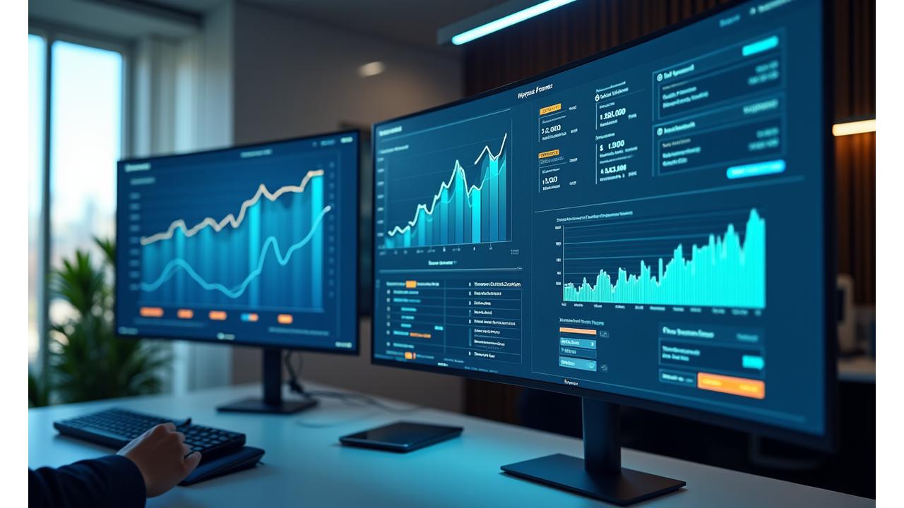 Vue d'écran d'un tableau de bord financier moderne avec divers graphiques de performance et indicateurs clés.