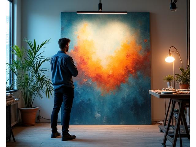 Illustration d'un artiste devant des œuvres d'art abstrait, symbolisant la créativité et le financement de projets.
