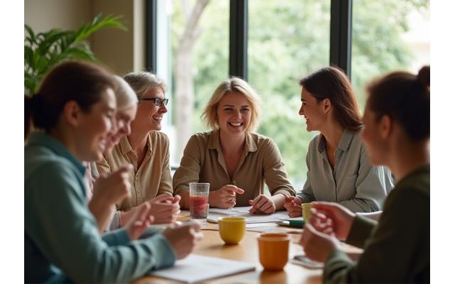 Groupe de bénévoles souriants et inclusifs collaborant dans un centre communautaire, symbolisant l'aide mutuelle