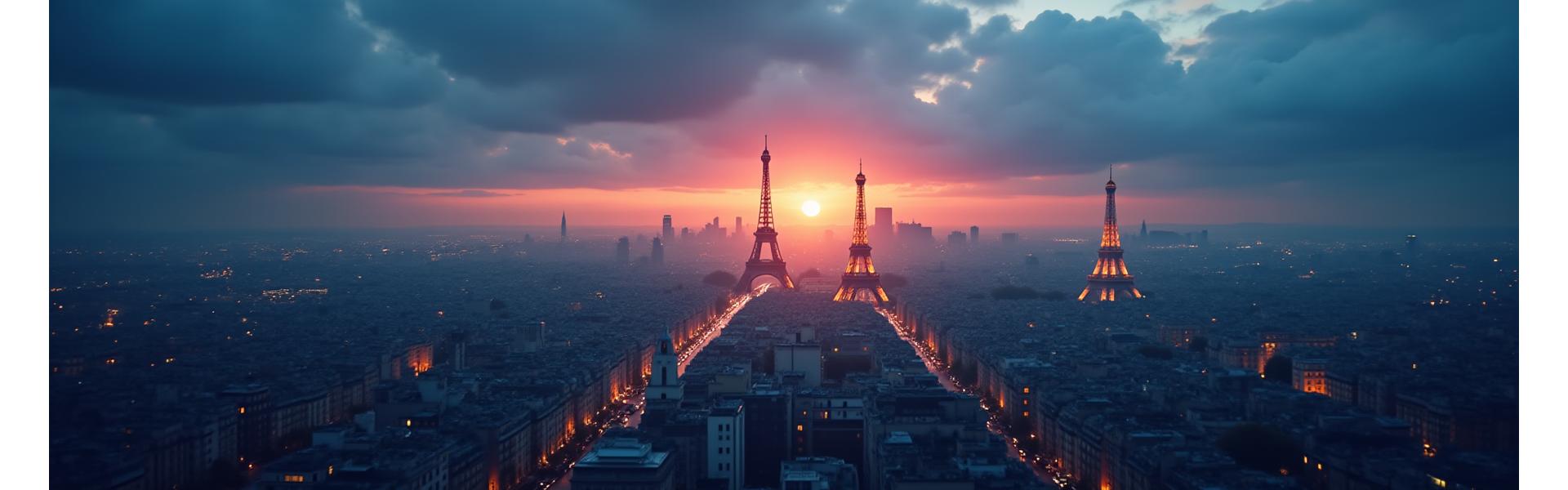 Skyline de Paris au coucher du soleil avec des bureaux lumineux, symbolisant l'expertise financière et la gestion de projets