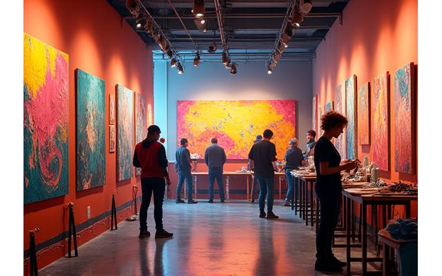Artistes travaillant dans un atelier créatif, entourés d'installations sculpturales colorées, symbolisant la créativité