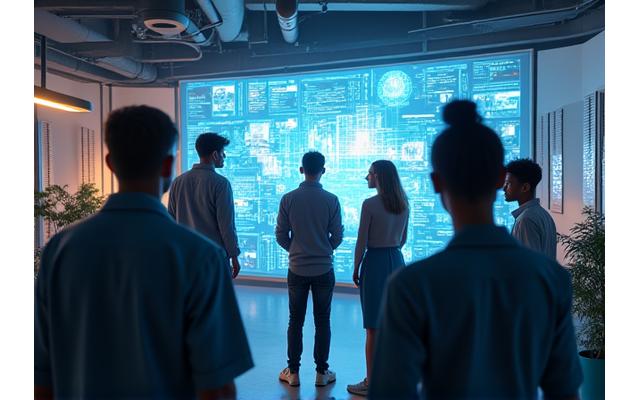 Jeune équipe de startup travaillant sur des ordinateurs avec des graphiques hologrammes, symbolisant l'innovation