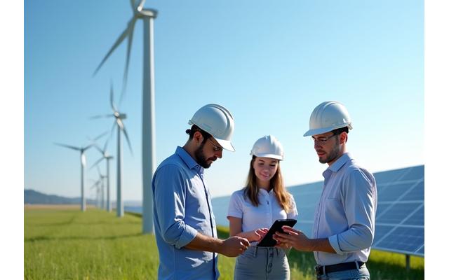 Ingénieurs inspectant des panneaux solaires dans un champ rural avec une architecture moderne en arrière-plan, symbolisant la transition énergétique et l'ingénierie