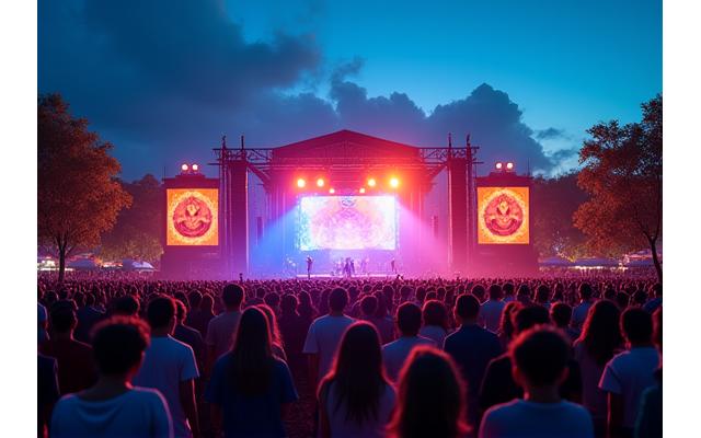 Scène de festival en plein air, avec des jeux de lumière colorés et une foule enthousiaste, symbolisant la réussite culturelle