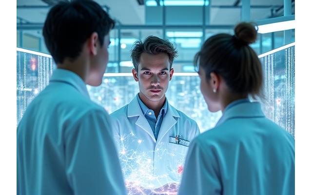 Vue moderne d'un laboratoire de recherche avec des scientifiques discutant devant un tableau numérique, symbolisant l'innovation et la deep tech