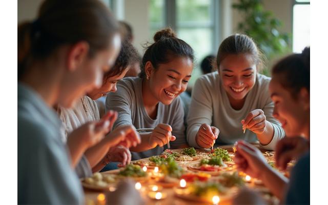 Groupe de personnes de tous âges partageant un repas dans un centre d'aide, symbolisant la solidarité et l'action sociale