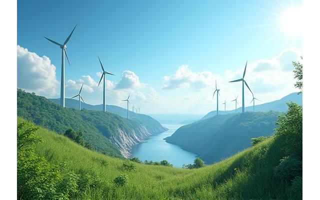 Panneaux solaires et éoliennes sur fond de paysage verdoyant, symbolisant les énergies renouvelables