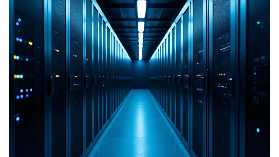Image d'un serveur sécurisé dans un centre de données, éclairé en bleu, symbolisant la sécurité numérique robuste.