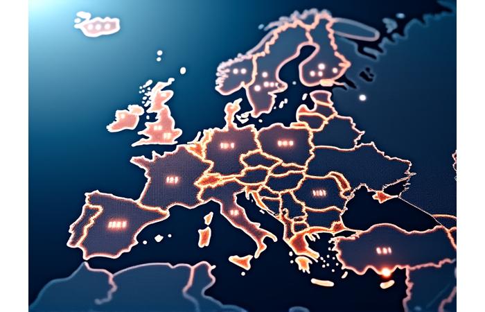Carte stylisée de l'Europe avec des flèches et des chiffres représentant les flux de financement de milliards d'euros et les différents programmes européens comme Horizon Europe, FEDER, FSE+, Digital Europe, Life+, Creative Europe.